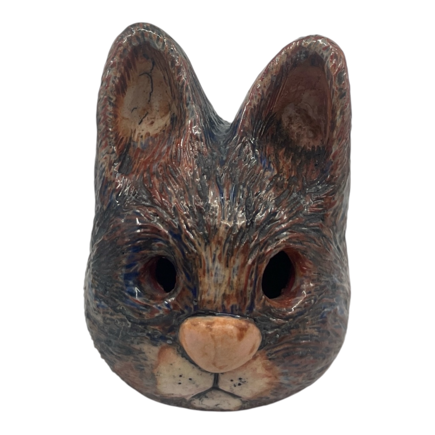 Carved Red and Blue Cat Head